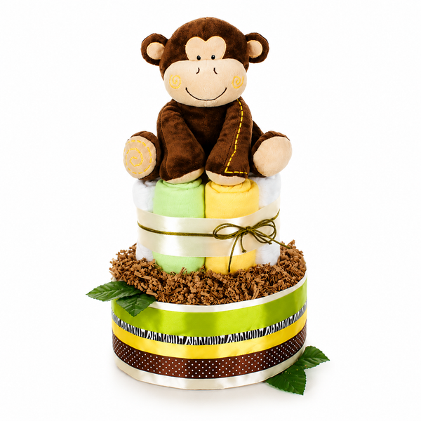 Windeltorte Safari mit Spieluhr Affe und 2 Mullwindeln