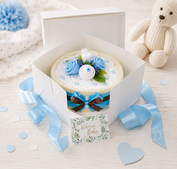Windeltorte in Cakebox Blau offen