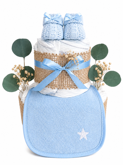 Windeltorte Blau mit Lätzchen & Booties