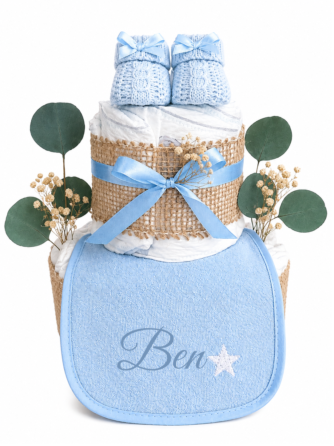 Windeltorte Blau mit Lätzchen & Booties