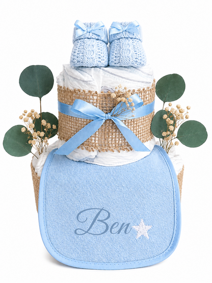 Windeltorte Blau mit Lätzchen & Booties