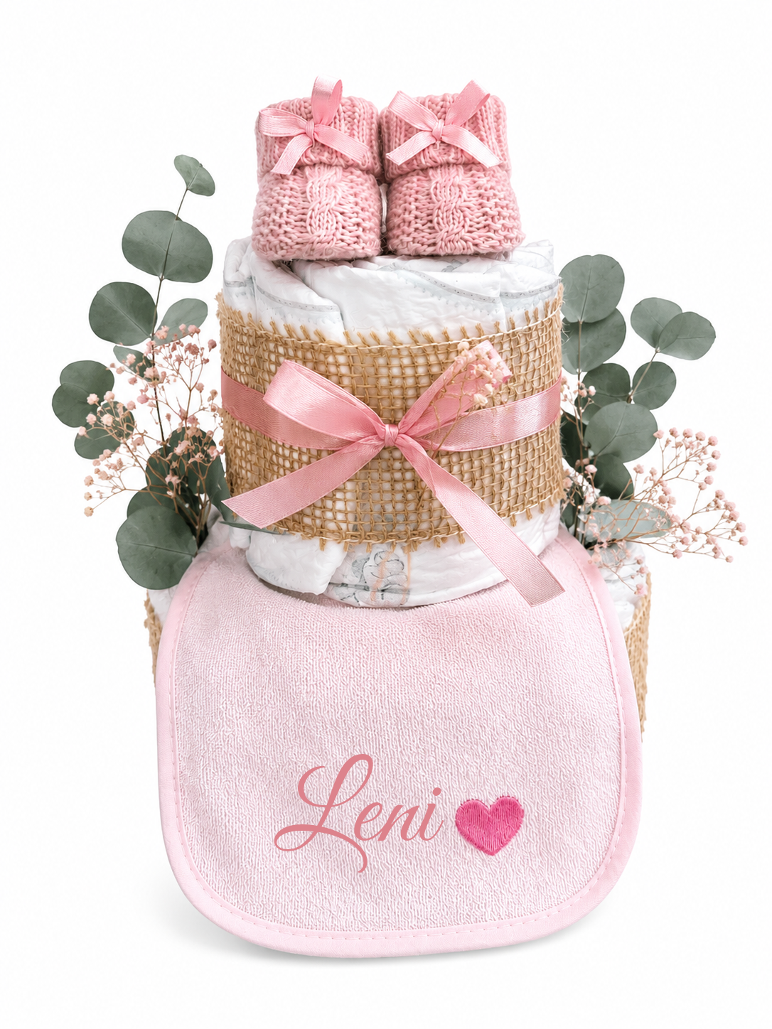 Windeltorte Rosa mit Lätzchen & Booties