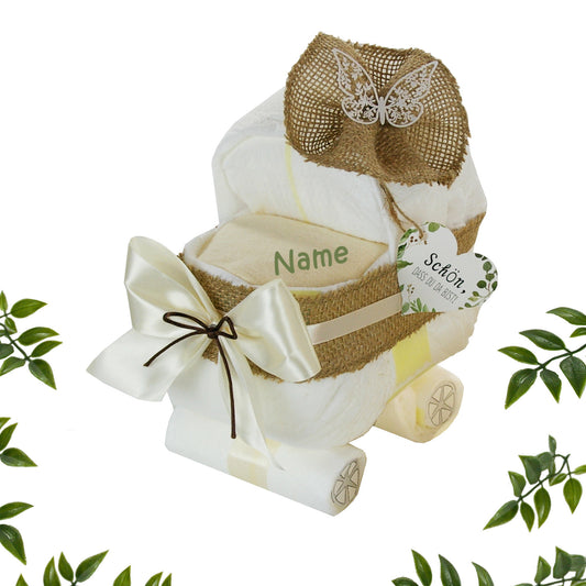 Windeltorte mit Name | Kleiner Windelwagen ALLES JUTE | zur Geburt Babyparty Babyshower | personalisiertes Baby Geschenk
