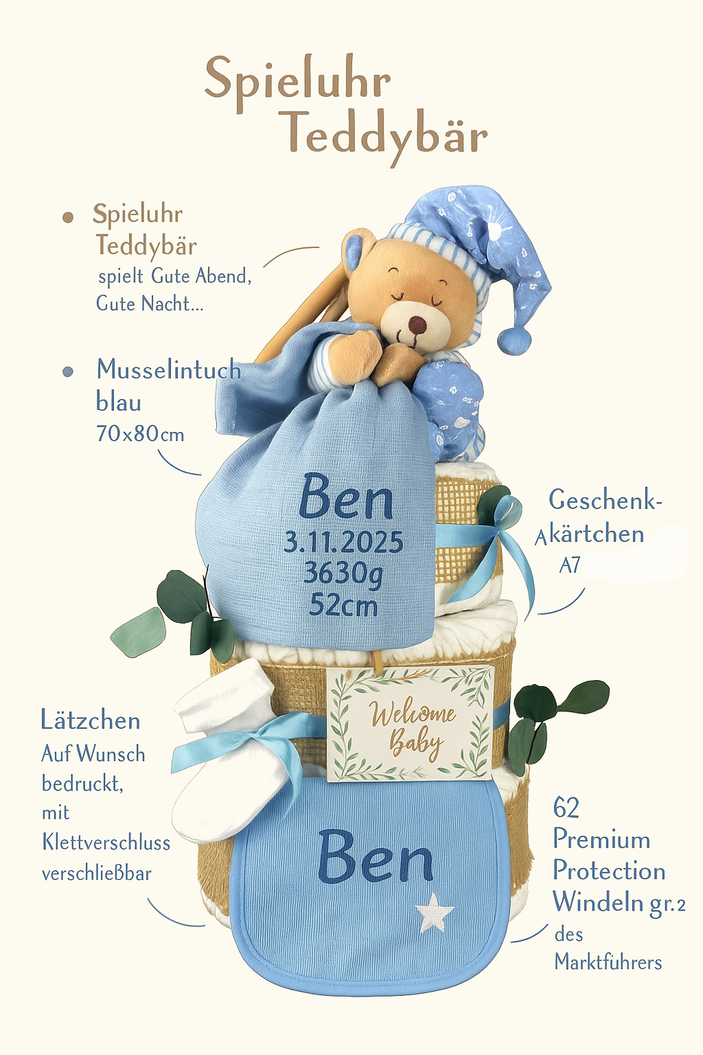 Premium Windeltorte blau | Spieluhr Teddybär, Musselintuch, Lätzchen | Personalisierbar | 4-stöckig