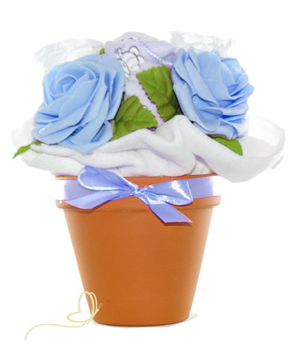 Windeltorte Blumenstrauß im Tontopf | 5-teiliges Babyset | blau