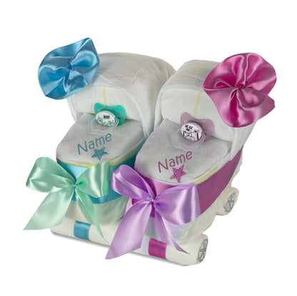 Windeltorte Zwillingswagen rosa/blau personalisierbar