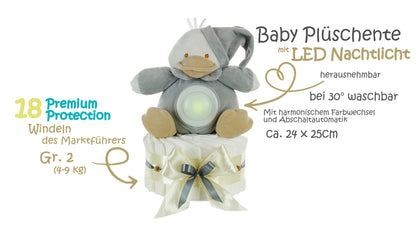 Windeltorte neutral | Baby Kuscheltier Ente mit LED-Nachtlicht 35cm
