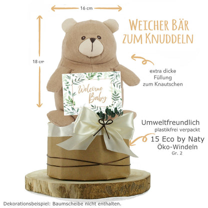 Plastikfreie Windeltorte neutral | Kuschelbär aus 100% Leinen