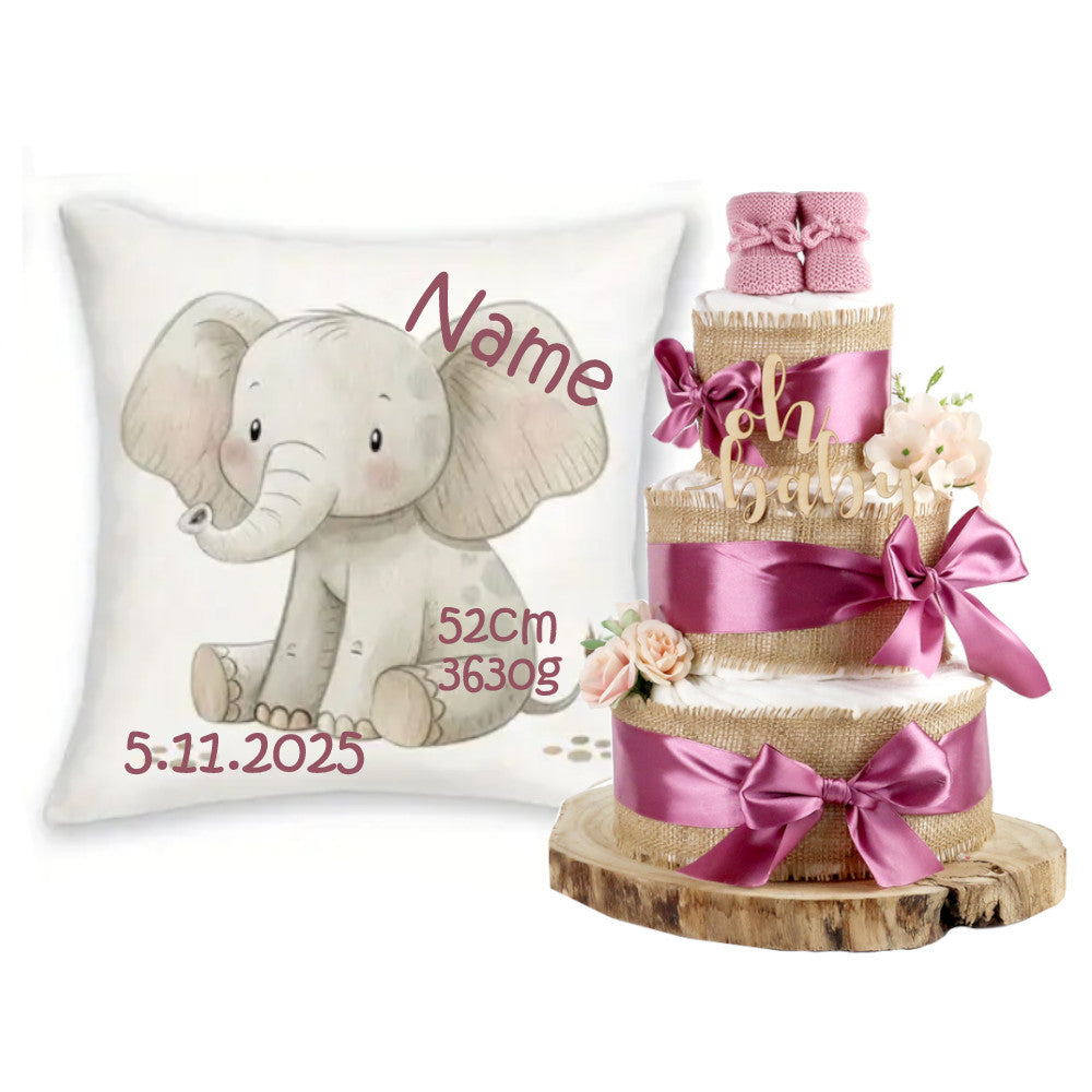 Große Windeltorte Alles Jute | zur Geburt + personalisiertes Baby Dekokissen | plum