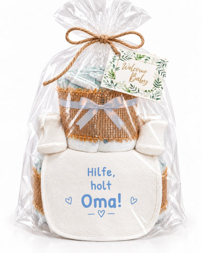 Windeltorte mit Spruch „Hilfe, holt Oma!“