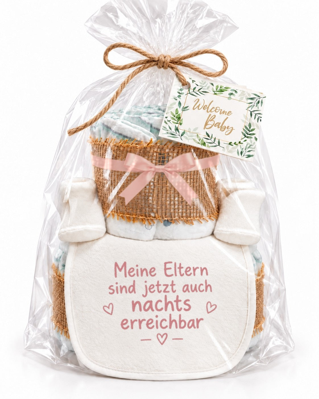 Windeltorte mit Spruch „Meine Eltern sind jetzt auch nachts erreichbar“