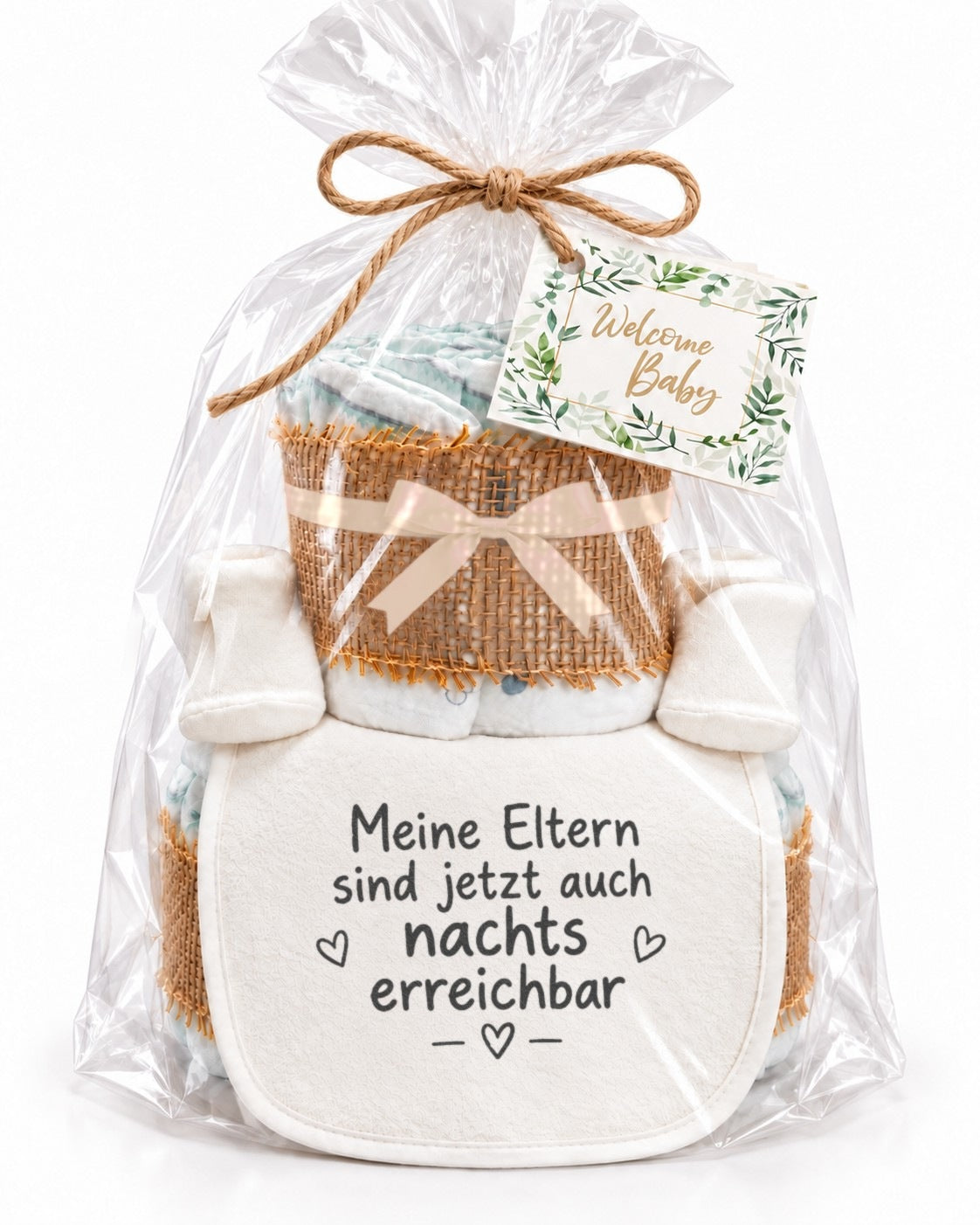 Windeltorte mit Spruch „Meine Eltern sind jetzt auch nachts erreichbar“