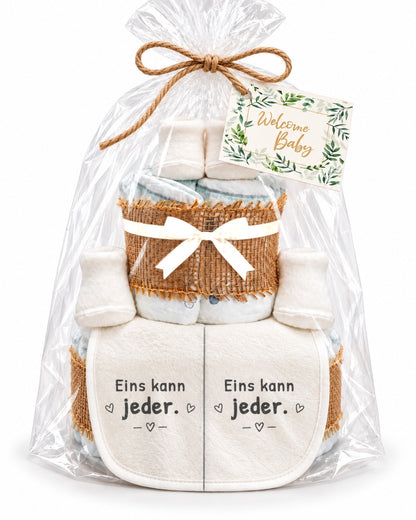 Windeltorte Zwillinge mit Spruch „Eins kann jeder.“