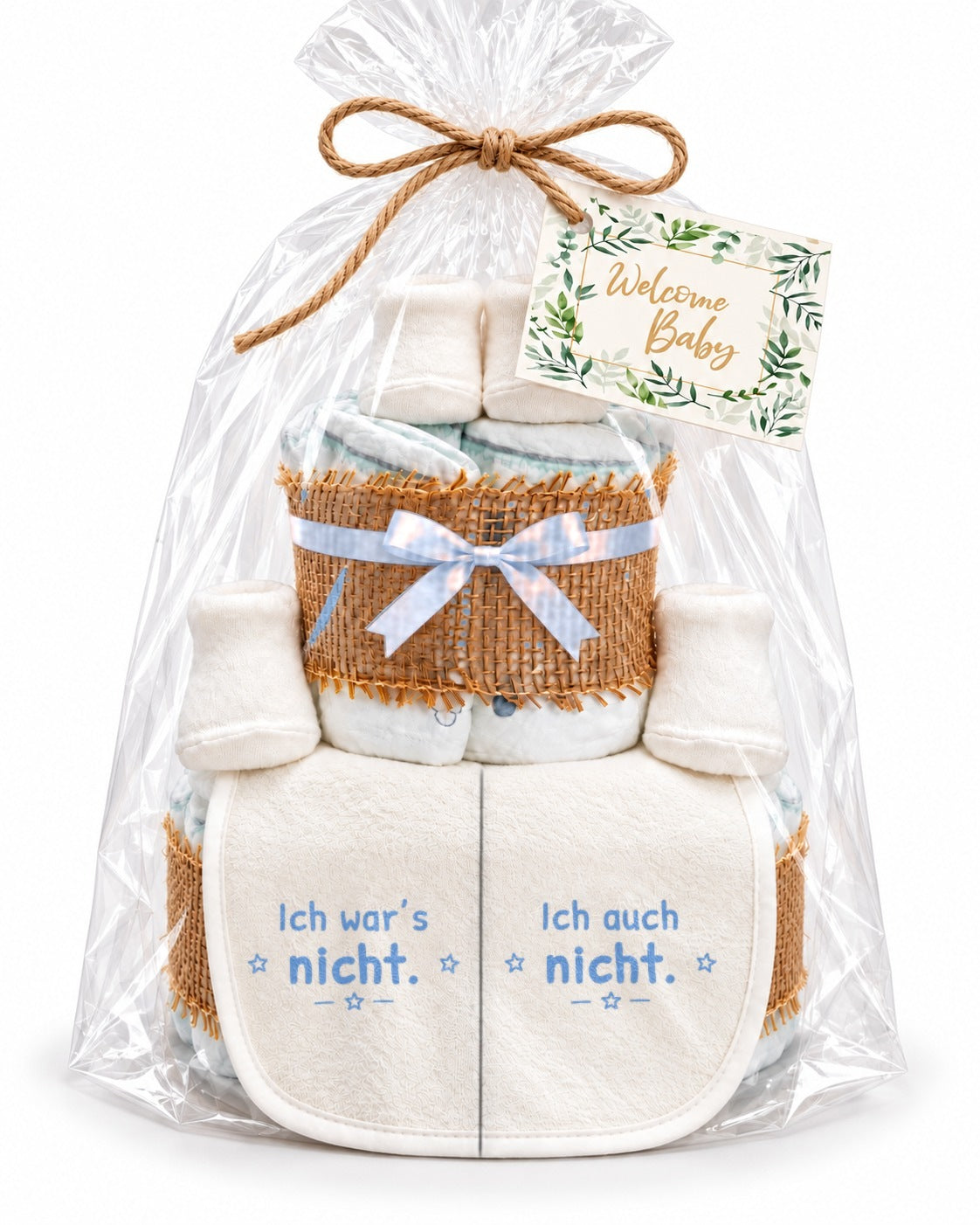 Windeltorte Zwillinge mit Spruch „Ich war's nicht.“ & „Ich auch nicht.“