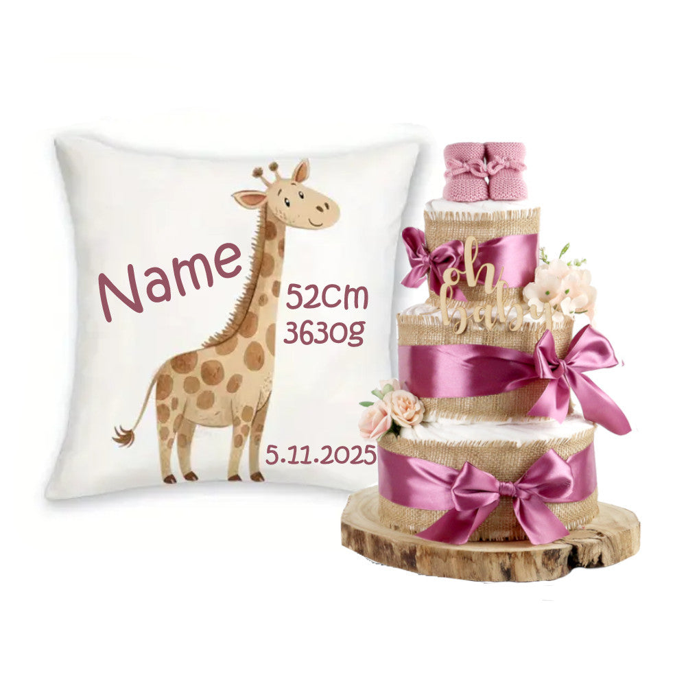 Große Windeltorte Alles Jute | zur Geburt + personalisiertes Baby Dekokissen | plum