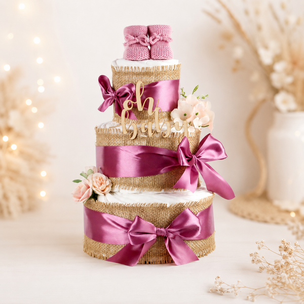 Große Windeltorte ALLES JUTE zur Geburt in Plum mit Babybooties und Jute-Dekoration