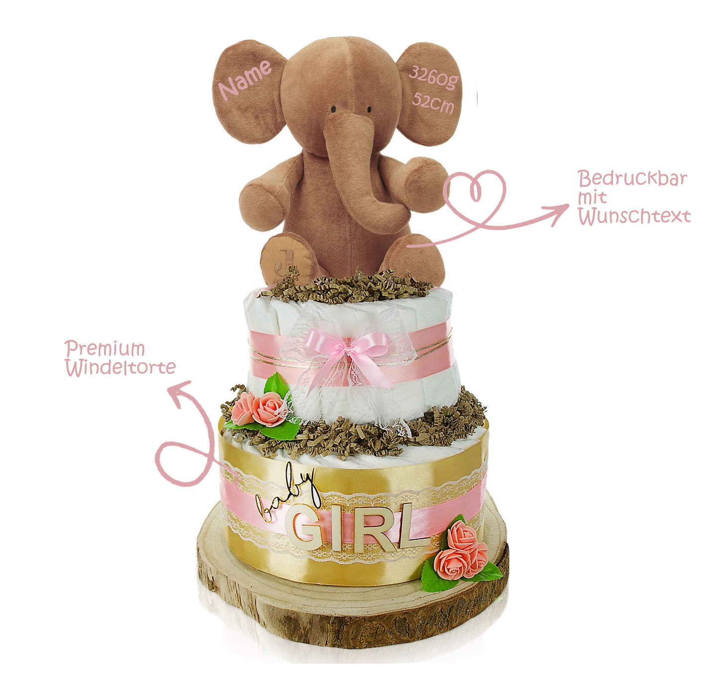 Große Windeltorte 2-stöckig | LITTLE PEANUT rosa | personalisierbar