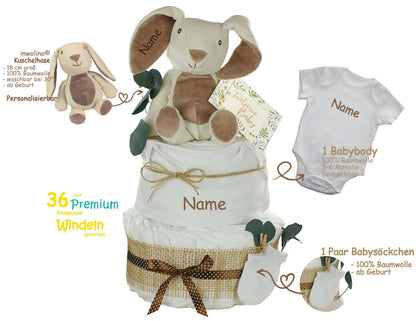 Windeltorte neutral | KUSCHELHASE | personalisierbar, creme/natur