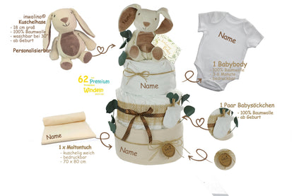 Windeltorte neutral | KUSCHELHASE | personalisierbar, creme/natur