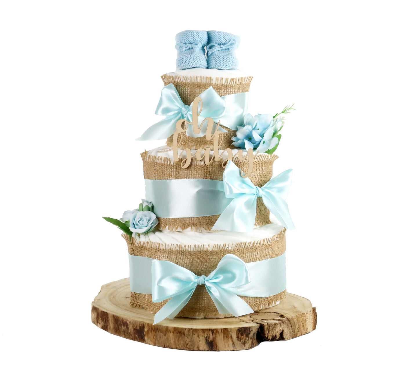 Windeltorte Alles Jute Kollektion in Blue mit Holzschriftzug oh baby, Satinbändern in Hellblau und natürlicher Jute-Deko