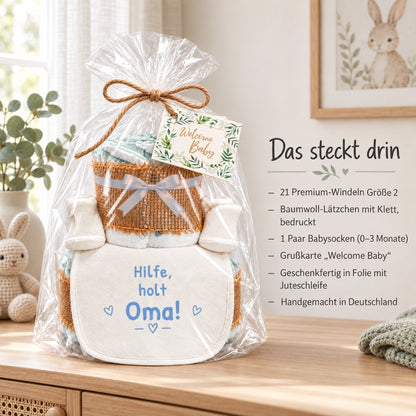 Windeltorte mit Spruch „Hilfe, holt Oma!“