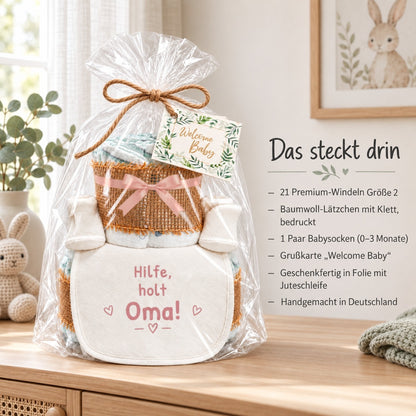 Windeltorte mit Spruch „Hilfe, holt Oma!“