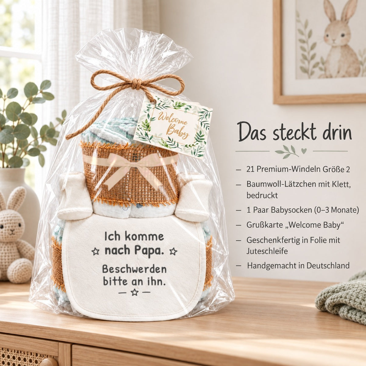 Windeltorte mit Spruch „Ich komme nach Papa. Beschwerden bitte an ihn.“