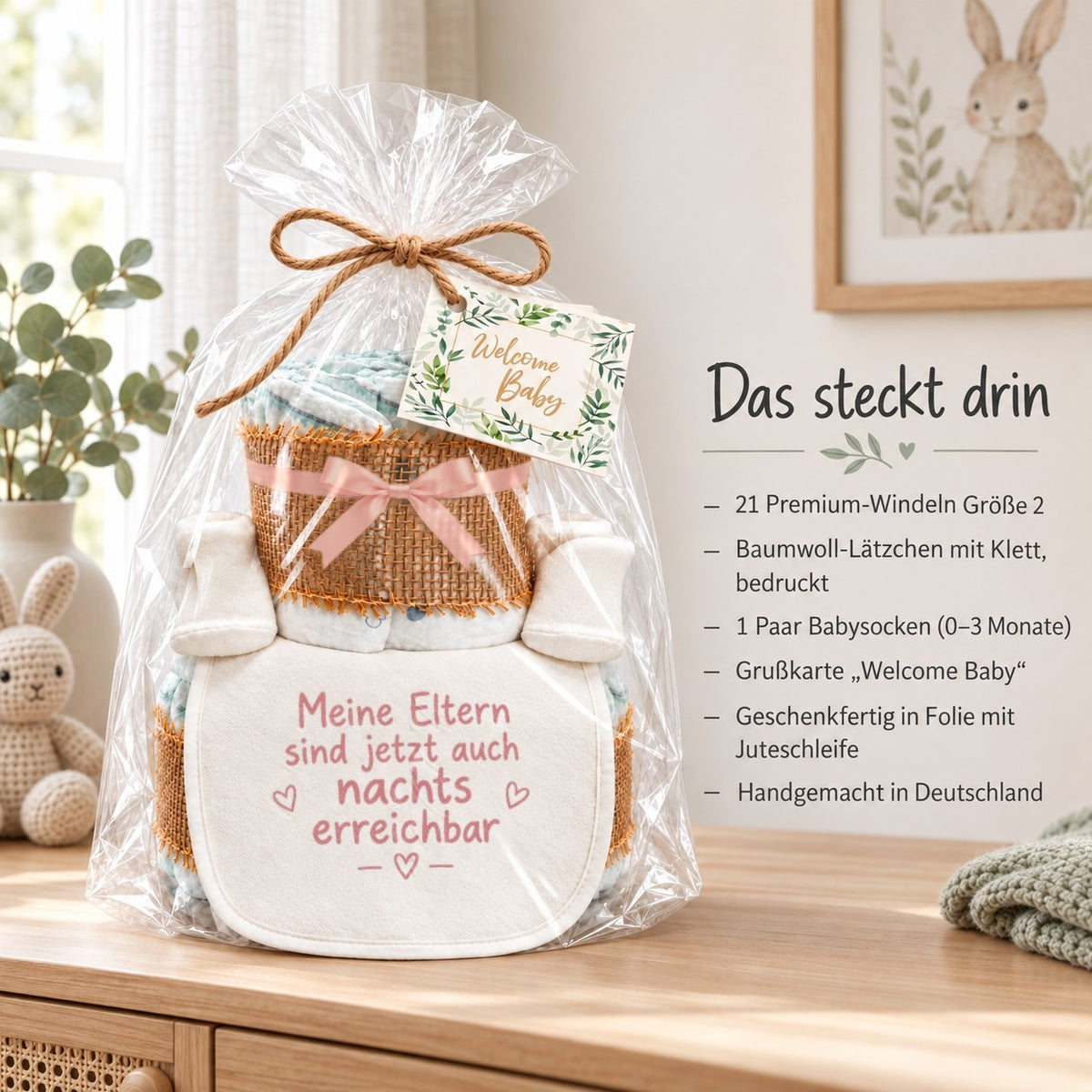 Windeltorte mit Spruch „Meine Eltern sind jetzt auch nachts erreichbar“