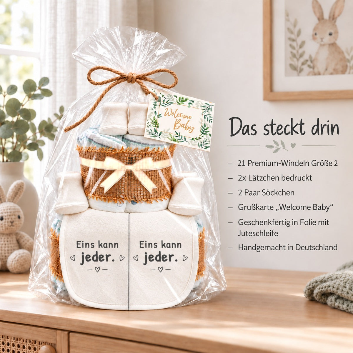 Windeltorte Zwillinge mit Spruch „Eins kann jeder.“