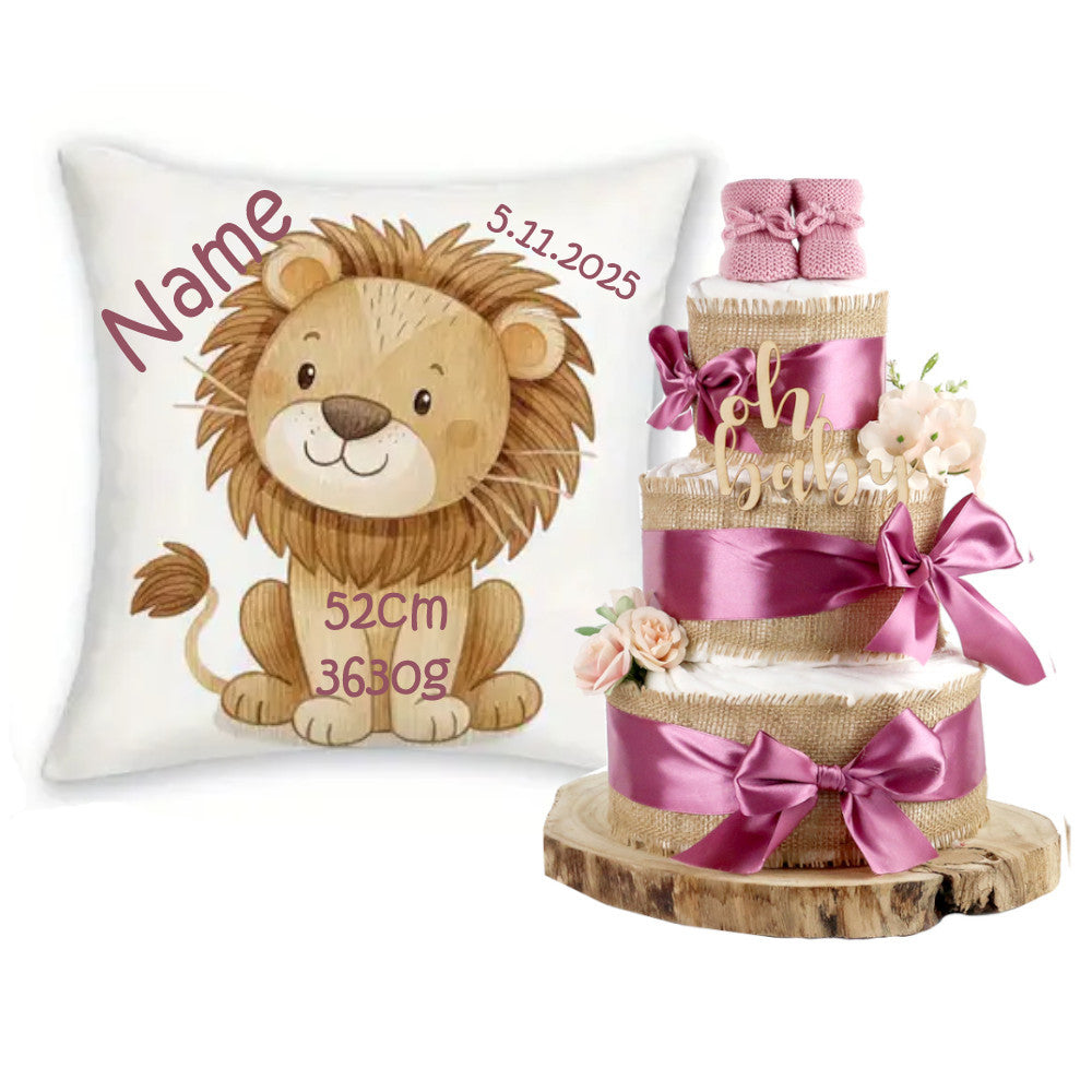 Große Windeltorte Alles Jute | zur Geburt + personalisiertes Baby Dekokissen | plum