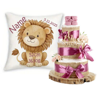 Große Windeltorte Alles Jute | zur Geburt + personalisiertes Baby Dekokissen | plum