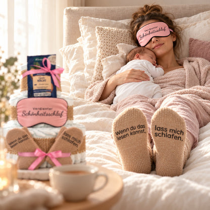 Windeltorte für Mama mit Wunschtext auf Schlafmaske & Socken