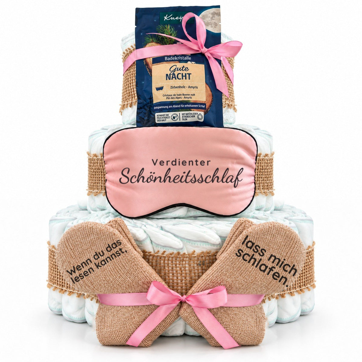 Windeltorte für Mama mit Wunschtext auf Schlafmaske & Socken