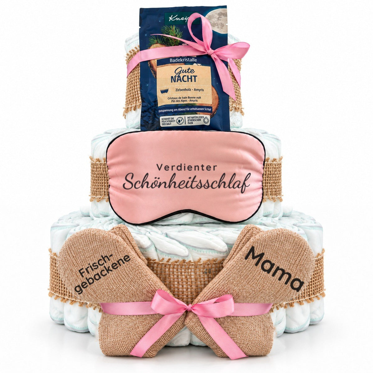 Windeltorte für Mama mit Schlafmaske, Kuschelsocken & Badekristallen