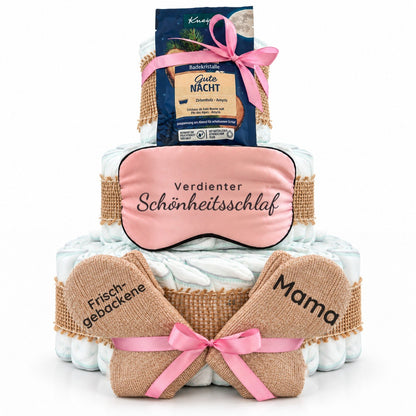Windeltorte für Mama mit Schlafmaske, Kuschelsocken & Badekristallen