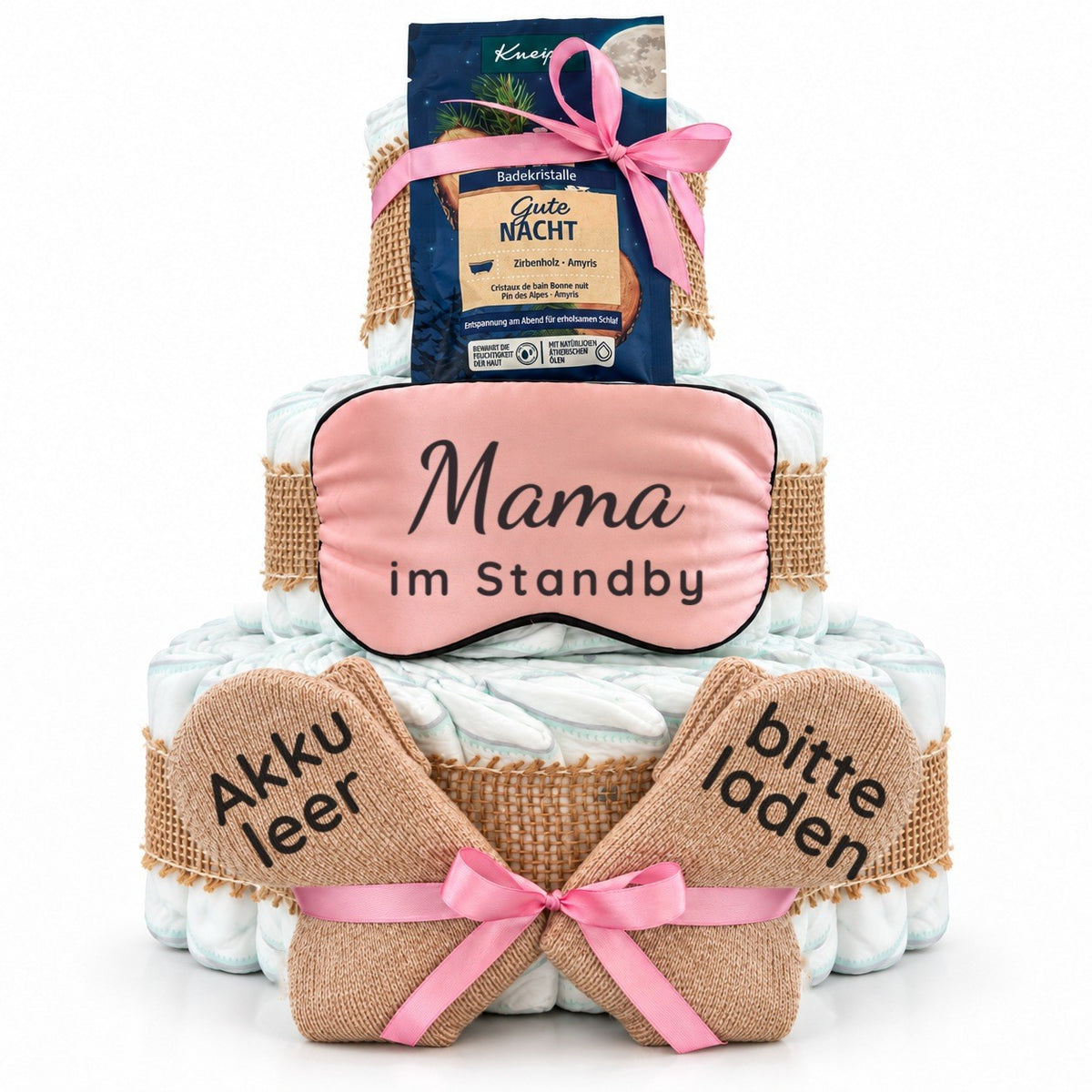 Windeltorte für Mama mit Schlafmaske, Kuschelsocken & Badekristallen