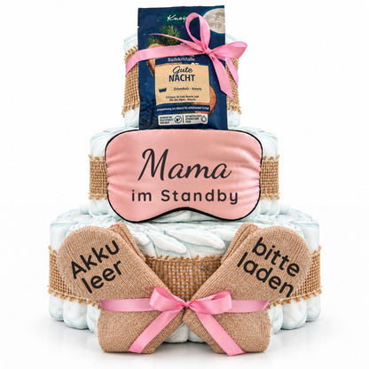 Windeltorte für Mama mit Schlafmaske, Kuschelsocken & Badekristallen