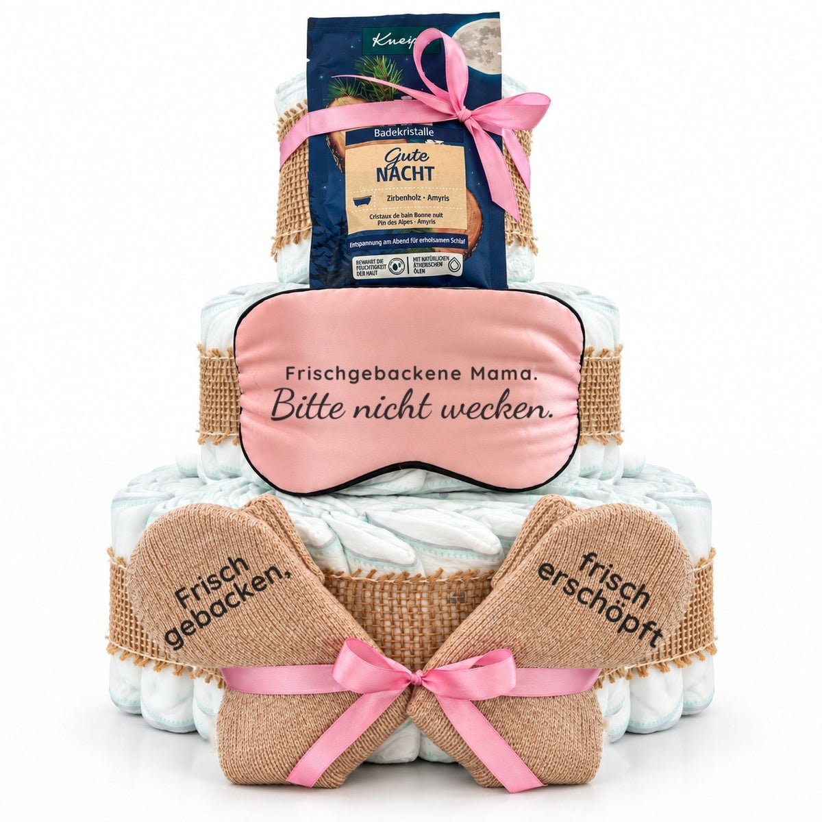 Windeltorte für Mama mit Schlafmaske, Kuschelsocken & Badekristallen