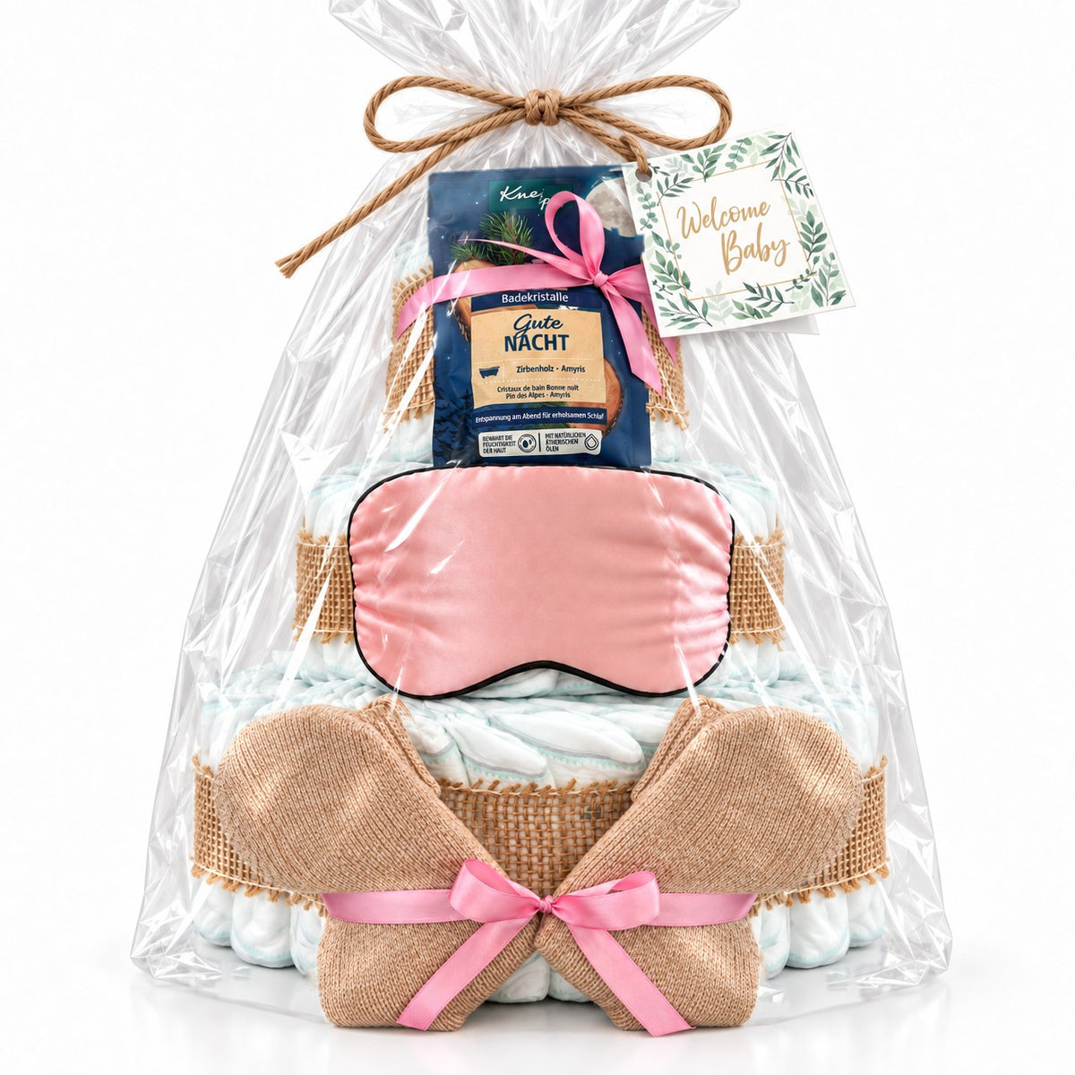 Windeltorte für Mama mit Wunschtext auf Schlafmaske & Socken