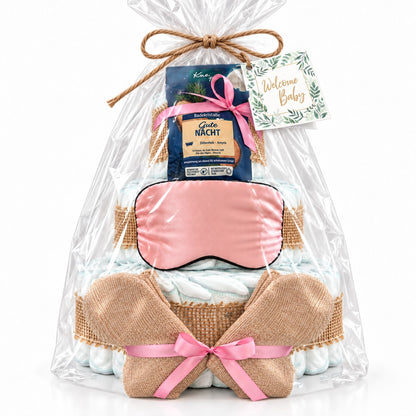 Windeltorte für Mama mit Wunschtext auf Schlafmaske & Socken