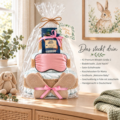 Windeltorte für Mama mit Wunschtext auf Schlafmaske & Socken