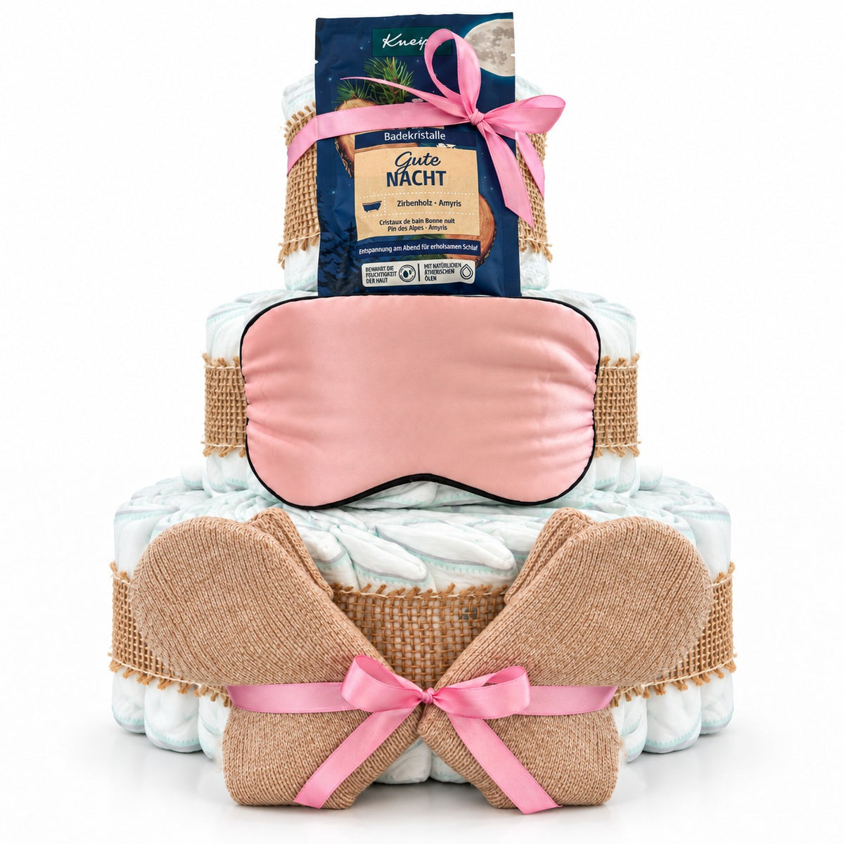 Windeltorte für Mama mit Schlafmaske, Kuschelsocken & Badekristallen