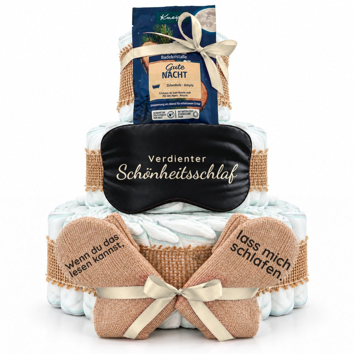 Windeltorte für Mama mit Wunschtext auf Schlafmaske & Socken