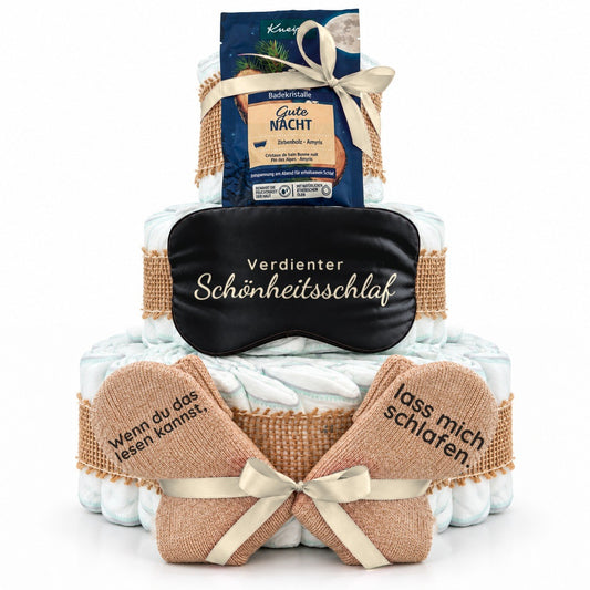 Windeltorte für Mama mit Schlafmaske, Kuschelsocken & Badekristallen