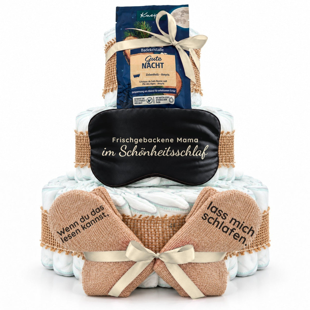 Windeltorte für Mama mit Schlafmaske, Kuschelsocken & Badekristallen