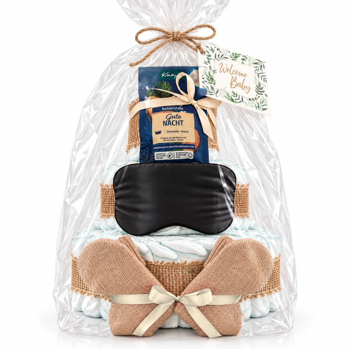 Windeltorte für Mama mit Wunschtext auf Schlafmaske & Socken