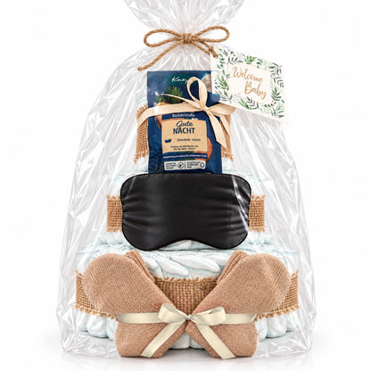 Windeltorte für Mama mit Wunschtext auf Schlafmaske & Socken