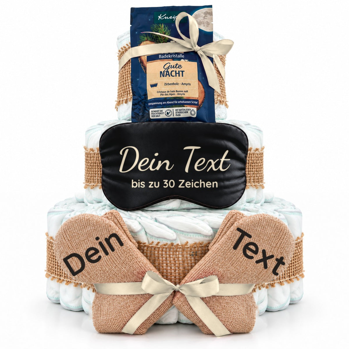 Windeltorte für Mama mit Wunschtext auf Schlafmaske & Socken