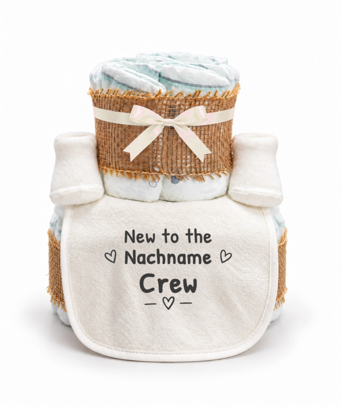 Windeltorte personalisiert „New to the [Nachname] Crew“