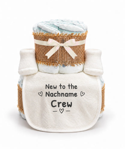 Windeltorte personalisiert „New to the [Nachname] Crew“